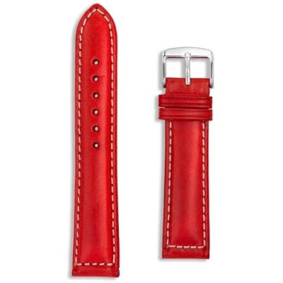 Image of Italian Leather Watch Strap Red 18mm Sorrento Oiled Band White Stitching Gold Silver Buckle Spring Bars and Tool Included 18
