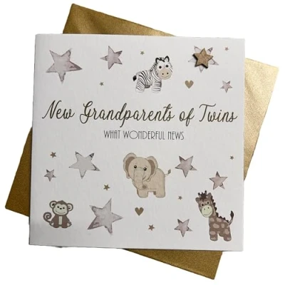 Image of WHITE COTTON CARDS NEW GRANDPARENTS OF TWINS TOYS &amp; STARS BABY CARD, HAND FINISHED (S467)