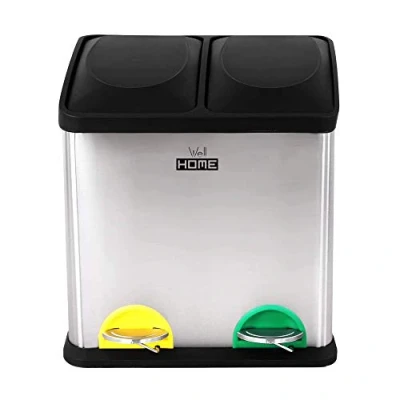 Image of Wellhome Eco friendly 30L 2 Compartment Waste/Recycling Bins, Large Capacity, for Paper, Glass and Plastic, Optimal Home/Office/Indoor/Outdoor, Silver (Chrome), [Amazon Exclusive]