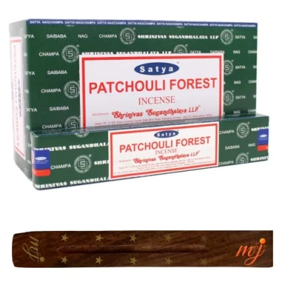 Image of Original Satya Nag Champa Patchouli Forest sticks with M&amp;J incense holder Full Box for Aromatherapy, Spa, Yoga, Weddings, Meditation, Healing, Positivity and Relaxation