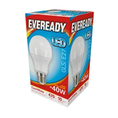 Image of Eveready GLS LED Light Bulb 5.5 watts 40 480 Lumens ES E25 Screw in Cool White 4000 Kelvins Pack of 10