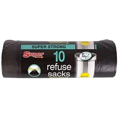 Image of Tidyz Super Strong Drawstring Refuse Sacks Black Bin Liners 100L 10