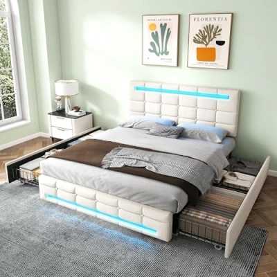 Image of ModernLuxe 4FT6 Double Bed, Upholstered Bed Frame with LED Lighting and Storage Drawers, Adjustable Button Tufted Headboard, No Box Spring Needed, Easy Assembly, Linen, Beige, 135x190cm