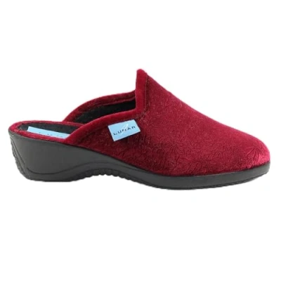 Image of Lunar Audrey Wedged Heel Mule Slipper with Embossed Floral Design 4 UK Burgundy