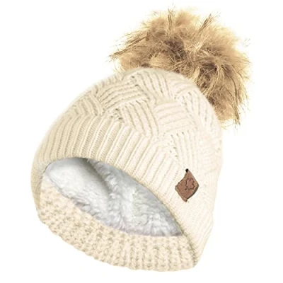 Image of RockJock Ladies Warm Chunky Diamond Cable Knit Hat with Thermal Teddy Fleece Lining and Detachable Faux Fur Pompom Natural