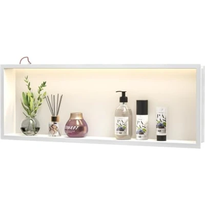 Image of Bernkot Stainless Steel Shower Niche 900 mm x 300 with Guided Light Waterproof No Tiles Required Wall Recess for Bathroom Storage via Mount Installation White