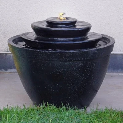 Image of Festive Lights 30.5cm Black LED Lit Hybrid Tiered Cascading Bowls Water Feature Solar, USB &amp; Mains Powered, Indoor Outdoor Garden Fountain, Timer Function, Resin Build, External Panel, IP44 Rated