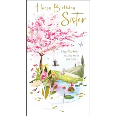 Image of Sister Birthday Card Blossom Tree Artistic Scenic Design Special Finishes and Illustrated Insert Leaf Made in the UK