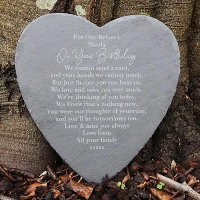 Image of eBuyGB Slate Memorial Plaque, Personalised Engraved Heart Grave Stone Marker, Heavenly Birthday/Anniversary, In Loving Memory, Remembrance