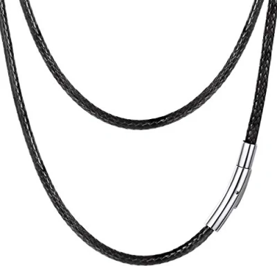 Image of PROSTEEL Necklace Man Black Faux Leather Braided with Clasp Cord Chain 3mm Wide