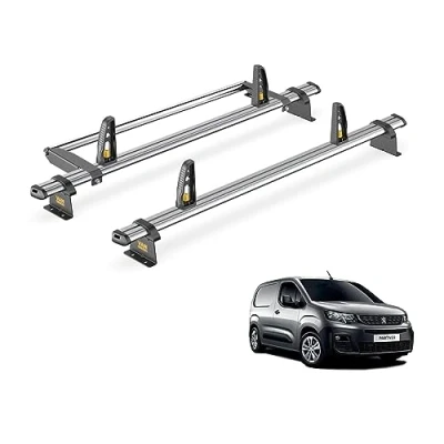 Image of Van Guard Roof Rack for Peugeot Partner (2018+) 2 Steel Bars, Loadstops &amp; Rear Ladder Roller [Only Suitable Standard (L1) Wheelbase Models] UltiBar Trade SB338 2/VGR 03