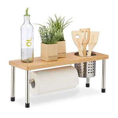 Image of Relaxdays Kitchen Counter Organizer, Roll Holder &amp; Utensil Storage, Spice Rack, Sink Shelf, Bamboo, Natural/Silver