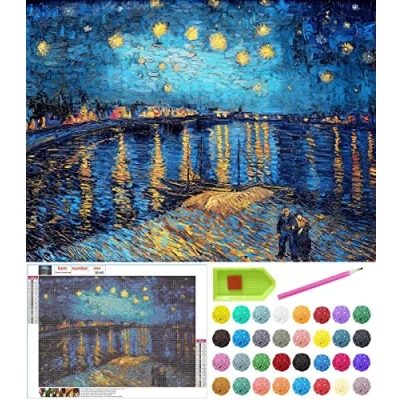 Image of Diamond Painting Kits for Adults Beginner and Kids, Famous Paintings by Van Gogh 5D Full Drill Mosaic DIY Home Wall Decor, 12&quot;x16&quot; Canvas (Starry Night Over The Rhone)