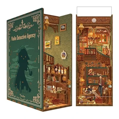 Image of Tonecheer DIY Book Nook Kit 3D Wooden Puzzle for Adults, Miniature House with Dust Cover Booknook Bookshelf Insert Decor LED Lights Unique Christmas Gifts(Violin Detective Agency)