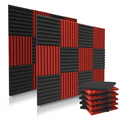 Image of 52 Pack Acoustic Panels 1 X 12 Inches Foam Studio Wedges High Density Soundproof Black/Red