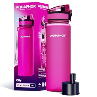 Image of AQUAPHOR City Bottle 500ml Pink Travel Water with Activated Carbon Filter Filters Chlorine &amp; Impurities Made of Tritan BPA Free Stay Hydrated On the Go!