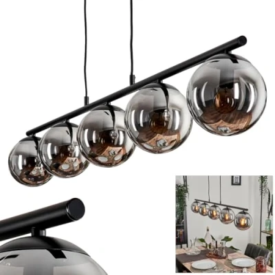 Image of Gastor Pendant Light, Hanging lamp Made of Metal/Glass in Black/Smoke Colour, luminaire Vintage/Retro Design with Glass Shades (Ø 15 cm), Height max. 125 cm, 5 x E14, Without Bulbs