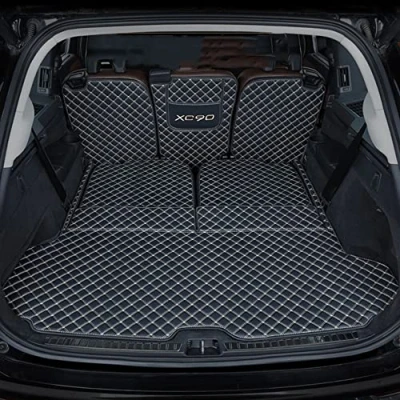 Image of SERTUV Leather Car Rear Trunk Boot Mats Liner, for Volvo XC90 2015 2022 2023 7 Seats Auto Full Coverage Carpets Customization Boots Tray Accessories,BlackBeige Bottom+Back