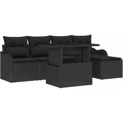 Image of vidaXL 6 Piece Garden Sofa Set with Cushions Black Poly Rattan