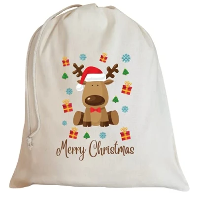 Image of Second Ave Cute Children&#039;s Reindeer Cotton Drawstring Christmas Xmas Santa Sack Bag Gift
