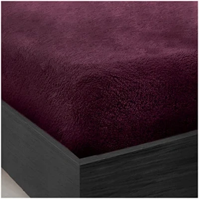 Image of GC GAVENO CAVAILIA Teddy Fleece Plain King Size Fitted Sheets, Thermal Warm Sherpa Plush Soft Fluffy Cuddly Sheets Size, Aubergine