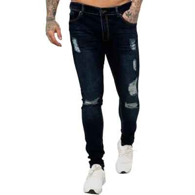 Image of EZ383 Enzo Mens Super Skinny Ripped Jeans Stretch Frayed Denim Pants Waist Sizes 28 42