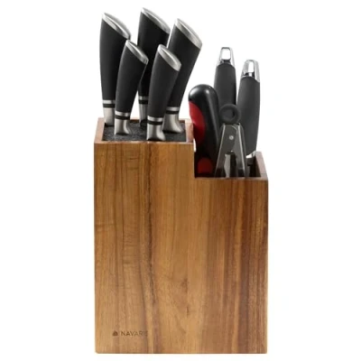 Image of Navaris Knife Block &amp; Utensil Organiser Durable Acacia Wood Holder without Knives Removable Washable Plastic Bristle for Random Sized Kitchen Storage Stand