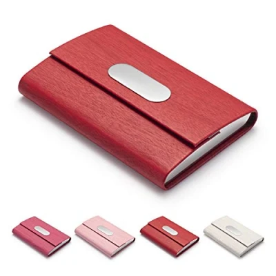 Image of FACATH Business Card Holder, PU Leather Slim Case Carrier ID Case/Wallet Pocket Name Holder for Women and Men Red