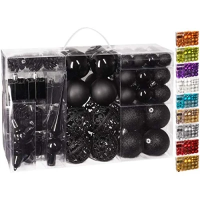 Image of BRUBAKER 101 Pack Assorted Christmas Ball Ornaments Shatterproof Baubles with Tree Topper Designed in Germany Black