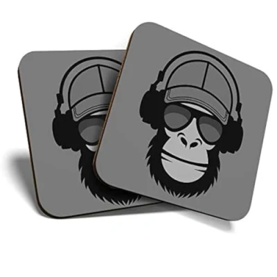 Image of 2 x Square Coasters Funky Monkey Music Headphones Cork Backed Home Kitchen Accessory Tea Coffee Mug Mat #42145