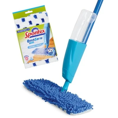 Image of Spontex Quick Spray Duo Flat Mop with Washable Microfibre Head Pads Cleans Laminate, Wood &amp; Tile Flooring No Touch Reversible