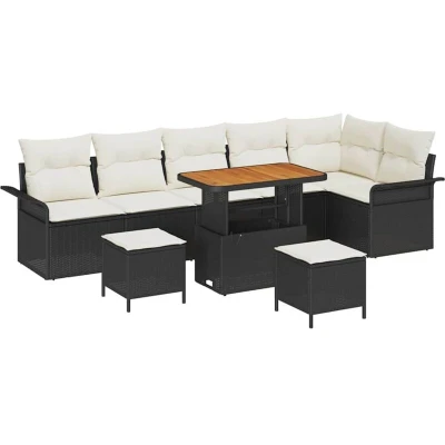 Image of vidaXL 9 Piece Garden Sofa Set with Cushions Black Poly Rattan Acacia