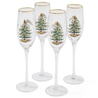 Image of Spode 1625051 Christmas Tree Glassware Champagne Flutes (Set of 4), Glass, Multicolor