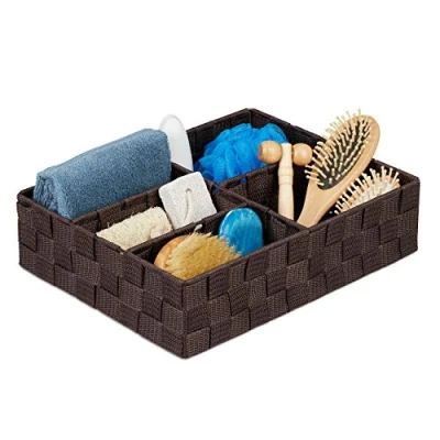 Image of Relaxdays Drawer Organiser, Storage Basket, 5 Compartments, Square, Woven, Plastic, Multipurpose, 8.5 x 32 25cm, Brown