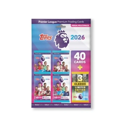 Image of Topps Premier League 2026 Debut Edition Mega Multipack contains 40 cards plus 3 random Classic LE cards.