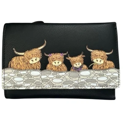 Image of Mala Leather Highland Cow Family Large Trifold Soft Purse (Black)