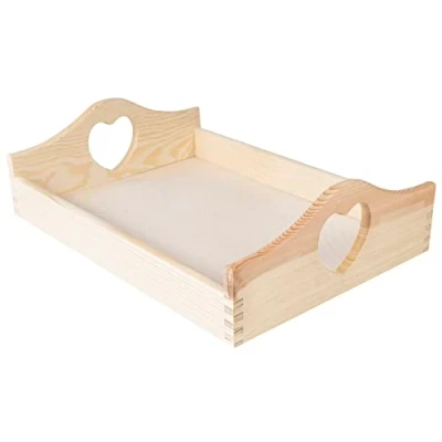 Image of Creative Deco Large Wooden Serving Tray for Breakfast 35x25x10.5cm Rectangular &amp; Unpainted with Heart Handles Bed Coffee Tea Drinks Food Platter Kitchen Bedroom Table