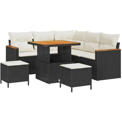 Image of vidaXL 8 Piece Garden Sofa Set with Cushions Black Poly Rattan Acacia