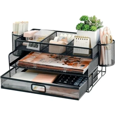 Image of Mesh Desk Organiser Tray, Paper Letter Tray with Drawer, 2 Tier A4 Desktop File Organizer Top Stationery Holder, Extra Divider (2 Pen Holder)