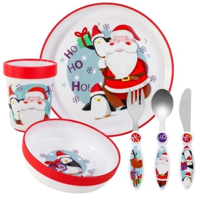 Image of Christmas Xmas Kids 6 Piece Reusable Dinner Set Plate/Bowl/Cup/Knife/Fork/Spoon Childrens Dinnerware Tableware Cutlery