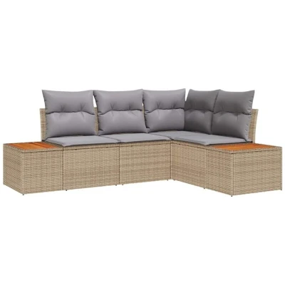 Image of vidaXL 4 Piece Garden Sofa Set with Cushions Beige Poly Rattan Acacia