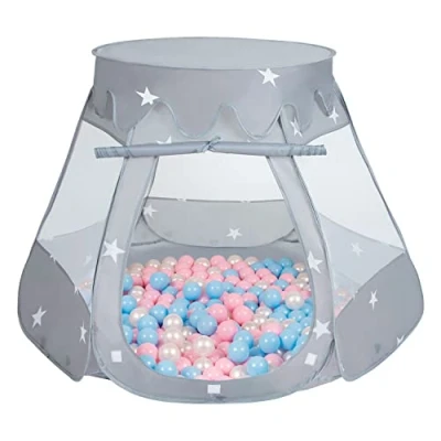Image of Selonis Play Tent 105X90cm/100 Balls Castle House Pop Up Ballpit Plastic For Kids, Grey:Babyblue/Puderrosa/Pearl