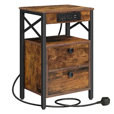 Image of HOOBRO Bedside Table with Charging Station, Side 2 USB Ports and AC Outlets, Bed Flip Down Compartments, Sofa End Table, for Living Room, Rustic Brown EBF138KBZ01