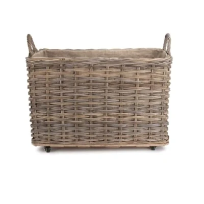 Image of Wheeled Rattan Hessian Lined Log Basket Small