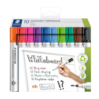 Image of STAEDTLER 351 C10 Lumocolor Whiteboard Marker, Bullet Tip 2.0mm Line Width Assorted Colours (Card Pack of 10)