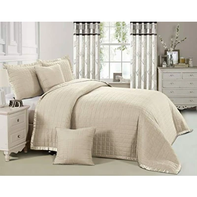 Image of Beautiful Plain colour OSCA Quilted Bedspread/Throw with 2 Pillow Shams (Beige, Double)