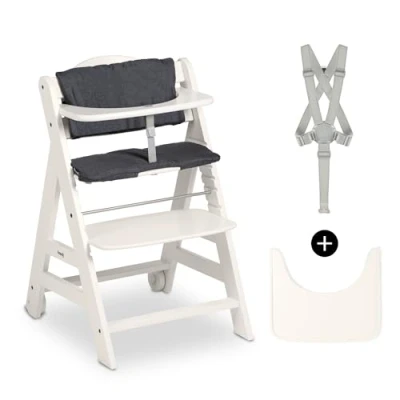 Image of hauck Beta+, White Wooden High Chair Set from 6 Months to 90 kg with Wheels, Seat Cushion, Tray &amp; Bumper Bar, 5 Point Harness Crotch Strap Made FSC Certified Beechwood
