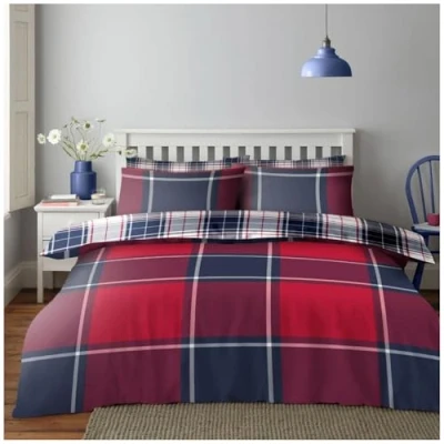 Image of GC GAVENO CAVAILIA Breathable Tartan Check Duvet Covers, Reversible Checkered Plaid Bedding Double Bed Set with Pillow Cases, Easycare Soft Geometric Quilt Cover, Red