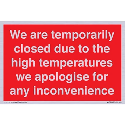 Image of we are temporarily closed due to the high temperatures apologise for any inconvenience Sign