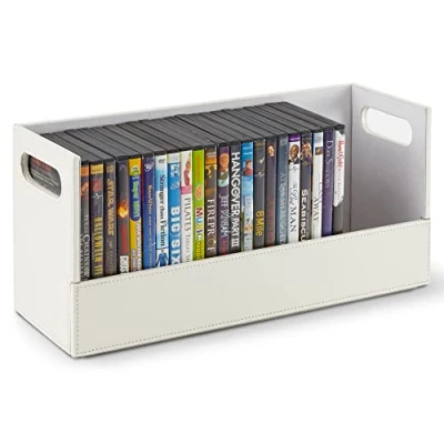 Image of Stock Your Home DVD Storage Box, Movie Shelf Organizer for Blu Ray, Video Game Cases, CDs, VHS Tape Display Stand, Disc Holder Can Store Up to 28 DVDs, Faux Leather (White)